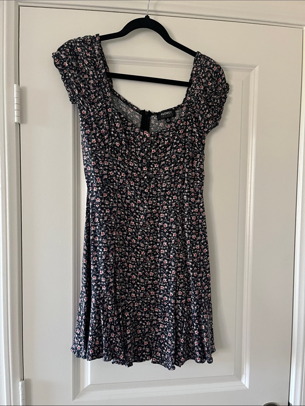 audrey Black Floral Smocked Mini Dress with Pink Accent